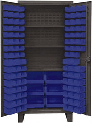 Durham - 3 Shelf 102 Bin Storage Cabinet - Steel, 36" Wide x 24" Deep x 78" High, Blue - Exact Tooling