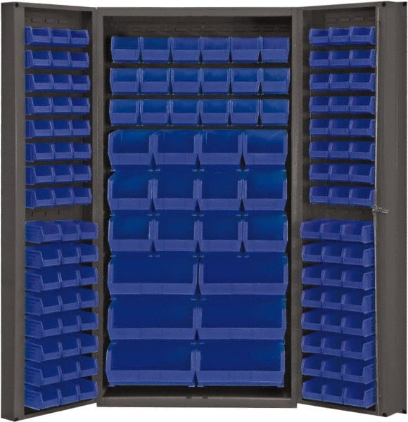 Durham - 132 Bin Storage Cabinet - Steel, 36" Wide x 24" Deep x 72" High, Blue - Exact Tooling
