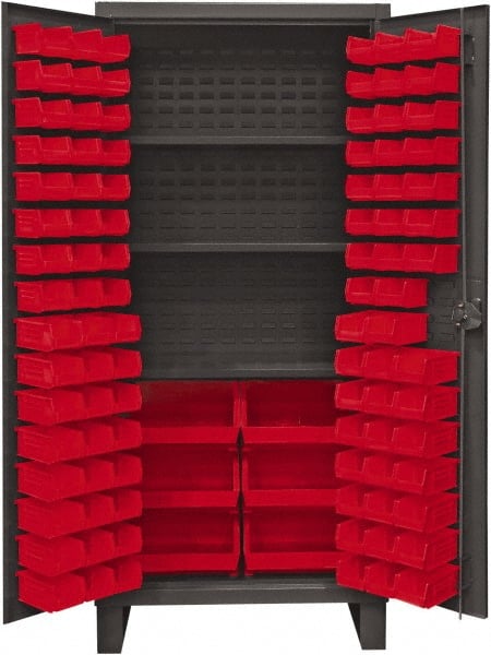 Durham - 3 Shelf 102 Bin Storage Cabinet - Steel, 36" Wide x 24" Deep x 78" High, Red - Exact Tooling