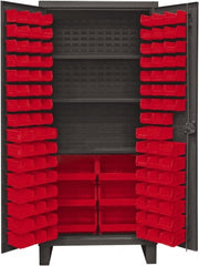 Durham - 3 Shelf 102 Bin Storage Cabinet - Steel, 36" Wide x 24" Deep x 78" High, Red - Exact Tooling