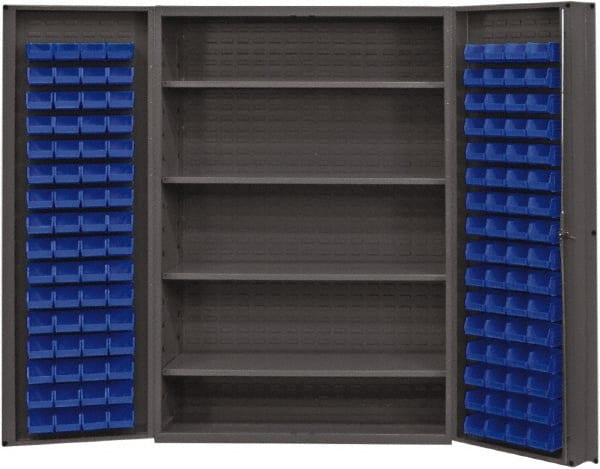 Durham - 4 Shelf 128 Bin Storage Cabinet - Steel, 48" Wide x 24" Deep x 72" High, Blue - Exact Tooling