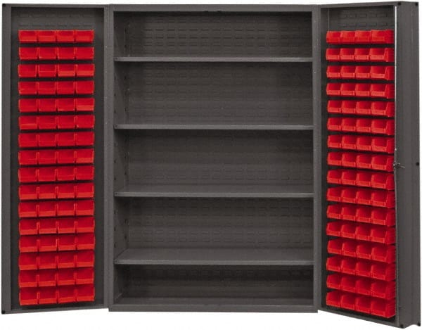 Durham - 4 Shelf 128 Bin Storage Cabinet - Steel, 48" Wide x 24" Deep x 72" High, Red - Exact Tooling