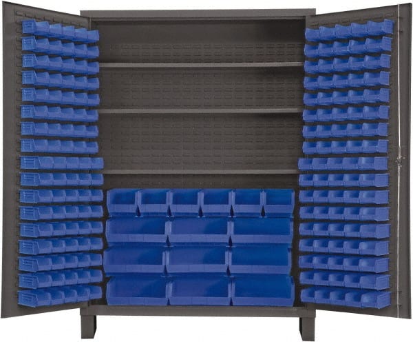 Durham - 3 Shelf 185 Bin Storage Cabinet - Steel, 60" Wide x 24" Deep x 84" High, Blue - Exact Tooling