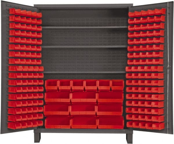 Durham - 3 Shelf 185 Bin Storage Cabinet - Steel, 60" Wide x 24" Deep x 84" High, Red - Exact Tooling