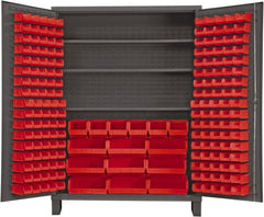 Durham - 3 Shelf 185 Bin Storage Cabinet - Steel, 60" Wide x 24" Deep x 84" High, Red - Exact Tooling