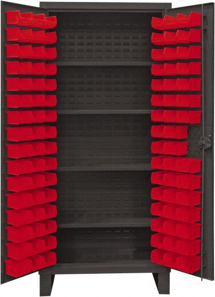 Durham - 4 Shelf 96 Bin Storage Cabinet - Steel, 36" Wide x 24" Deep x 78" High, Red - Exact Tooling