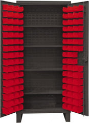 Durham - 4 Shelf 96 Bin Storage Cabinet - Steel, 36" Wide x 24" Deep x 78" High, Red - Exact Tooling