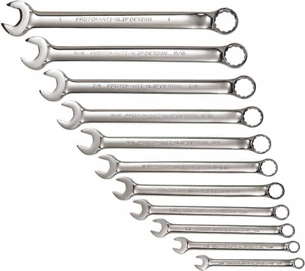 Proto - 11 Piece, 3/8" to 1", 12 Point Combination Wrench Set - Inch Measurement Standard, Full Polish Chrome Finish, Comes in Tool Roll - Exact Tooling