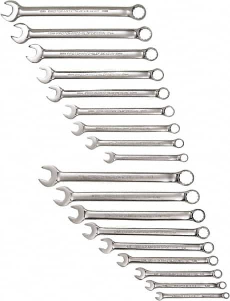 Proto - 18 Piece, 1/4" to 3/4" (mm), 12 Point Combination Wrench Set - Inch/Metric Measurement Standard, Satin Finish - Exact Tooling