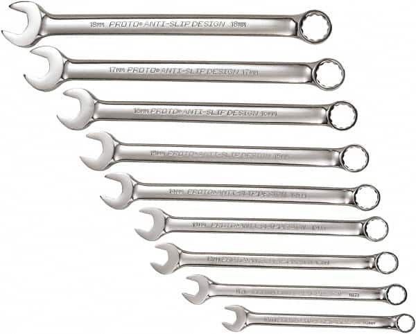 Proto - 9 Piece, 10mm to 18mm, 12 Point Combination Wrench Set - Metric Measurement Standard, Full Polish Chrome Finish, Comes in Tool Roll - Exact Tooling