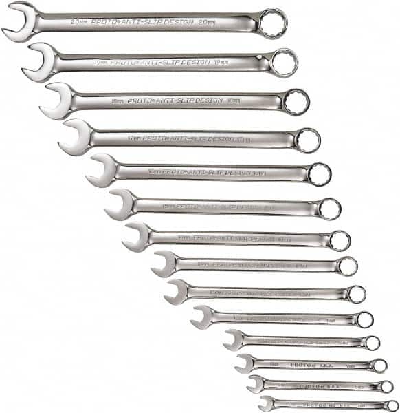 Proto - 14 Piece, 7mm to 20mm, 12 Point Combination Wrench Set - Metric Measurement Standard, Full Polish Chrome Finish, Comes in Tool Roll - Exact Tooling