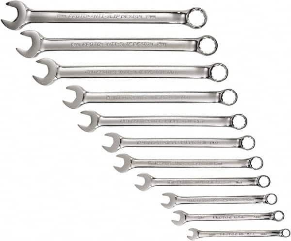 Proto - 11 Piece, 7mm to 19mm, 12 Point Combination Wrench Set - Metric Measurement Standard, Full Polish Chrome Finish, Comes in Tool Roll - Exact Tooling