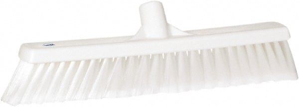 Vikan - 16" Fine Particle Synthetic Push Broom - 2" Bristle Length, Plastic Block, European Threaded Handle Connection - Exact Tooling