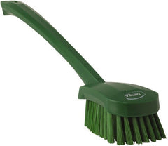 Vikan - 1.3" Bristle Length, Polyester Scrub Brush - 4" Long x 2-3/4" Wide Head, 15-3/4" OAL, Green, Polypropylene Block - Exact Tooling