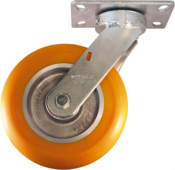 Caster Connection - 8" Diam x 2" Wide x 9-1/2" OAH Top Plate Mount Swivel Caster - Polyurethane on Aluminum, 1,200 Lb Capacity, Sealed Precision Ball Bearing, 4 x 4-1/2" Plate - Exact Tooling