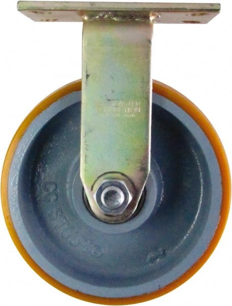 Caster Connection - 8" Diam x 3" Wide x 10-1/8" OAH Top Plate Mount Rigid Caster - Polyurethane on Iron, 2,300 Lb Capacity, Sealed Precision Ball Bearing, 4-1/2 x 6-1/4" Plate - Exact Tooling