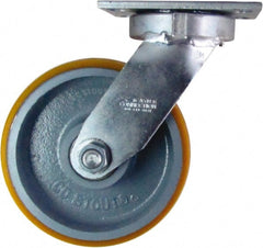 Caster Connection - 8" Diam x 3" Wide x 10-1/8" OAH Top Plate Mount Swivel Caster - Polyurethane on Iron, 2,300 Lb Capacity, Sealed Precision Ball Bearing, 4-1/2 x 6-1/4" Plate - Exact Tooling