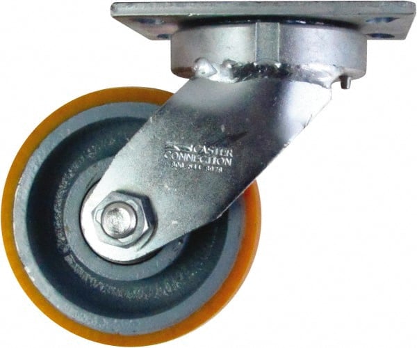 Caster Connection - 6" Diam x 3" Wide x 7-1/2" OAH Top Plate Mount Swivel Caster - Polyurethane on Iron, 2,300 Lb Capacity, Sealed Precision Ball Bearing, 4-1/2 x 6-1/4" Plate - Exact Tooling