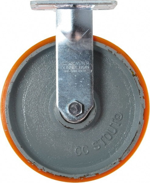 Caster Connection - 8" Diam x 2" Wide x 9-1/2" OAH Top Plate Mount Rigid Caster - Polyurethane on Iron, 1,500 Lb Capacity, Sealed Precision Ball Bearing, 4 x 4-1/2" Plate - Exact Tooling