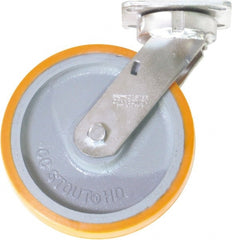 Caster Connection - 8" Diam x 2" Wide x 9-1/2" OAH Top Plate Mount Swivel Caster - Polyurethane on Iron, 1,500 Lb Capacity, Sealed Precision Ball Bearing, 4 x 4-1/2" Plate - Exact Tooling