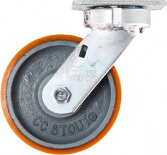 Caster Connection - 6" Diam x 2" Wide x 7-1/2" OAH Top Plate Mount Swivel Caster - Polyurethane on Iron, 1,250 Lb Capacity, Sealed Precision Ball Bearing, 4 x 4-1/2" Plate - Exact Tooling