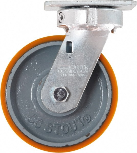 Caster Connection - 6" Diam x 2" Wide x 7-1/2" OAH Top Plate Mount Swivel Caster - Polyurethane on Iron, 1,250 Lb Capacity, Sealed Precision Ball Bearing, 4 x 4-1/2" Plate - Exact Tooling