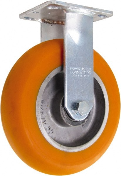 Caster Connection - 8" Diam x 2" Wide x 9-1/2" OAH Top Plate Mount Rigid Caster - Polyurethane on Aluminum, 1,200 Lb Capacity, Sealed Precision Ball Bearing, 4 x 4-1/2" Plate - Exact Tooling