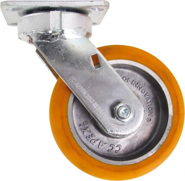 Caster Connection - 6" Diam x 2" Wide x 7-1/2" OAH Top Plate Mount Swivel Caster - Polyurethane on Aluminum, 1,000 Lb Capacity, Sealed Precision Ball Bearing, 4 x 4-1/2" Plate - Exact Tooling