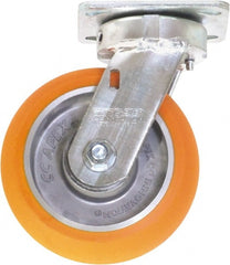 Caster Connection - 6" Diam x 2" Wide x 7-1/2" OAH Top Plate Mount Swivel Caster - Polyurethane on Aluminum, 1,000 Lb Capacity, Sealed Precision Ball Bearing, 4 x 4-1/2" Plate - Exact Tooling