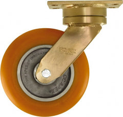 Caster Connection - 8" Diam x 2" Wide x 10-1/8" OAH Top Plate Mount Swivel Caster - Polyurethane on Aluminum, 1,200 Lb Capacity, Sealed Precision Ball Bearing, 4-1/2 x 6-1/4" Plate - Exact Tooling