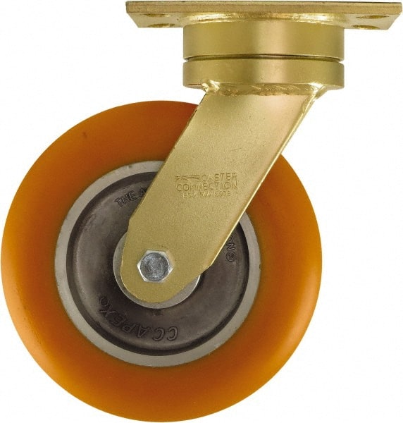 Caster Connection - 8" Diam x 2" Wide x 10-1/8" OAH Top Plate Mount Swivel Caster - Polyurethane on Aluminum, 1,200 Lb Capacity, Sealed Precision Ball Bearing, 4-1/2 x 6-1/4" Plate - Exact Tooling