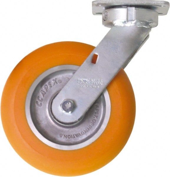 Caster Connection - 8" Diam x 2" Wide x 10-1/8" OAH Top Plate Mount Swivel Caster - Polyurethane on Aluminum, 1,200 Lb Capacity, Sealed Precision Ball Bearing, 4 x 4-1/2" Plate - Exact Tooling