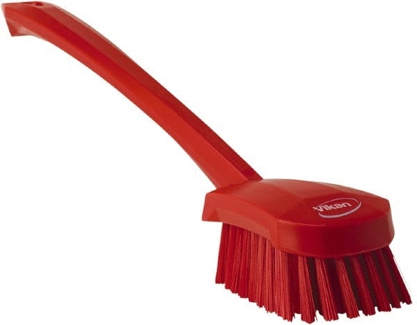 Vikan - 1.3" Bristle Length, Polyester Scrub Brush - 4" Long x 2-3/4" Wide Head, 15-3/4" OAL, Red, Polypropylene Block - Exact Tooling