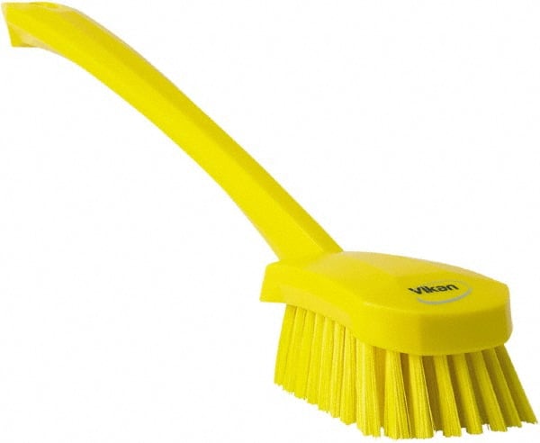 Vikan - 1.3" Bristle Length, Polyester Scrub Brush - 4" Long x 2-3/4" Wide Head, 15-3/4" OAL, Yellow, Polypropylene Block - Exact Tooling