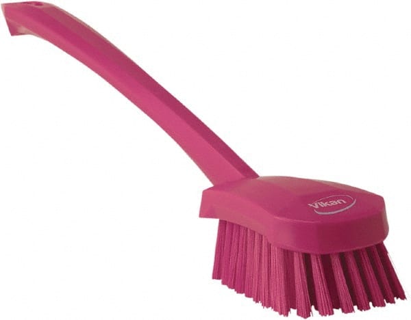 Vikan - 1.3" Bristle Length, Polyester Scrub Brush - 4" Long x 2-3/4" Wide Head, 15-3/4" OAL, Pink, Polypropylene Block - Exact Tooling