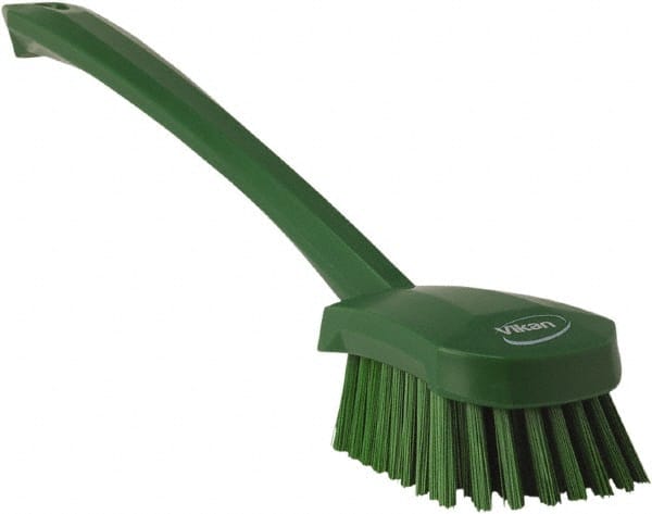 Vikan - 1.3" Bristle Length, Polyester Scrub Brush - 4" Long x 2-3/4" Wide Head, 15-3/4" OAL, Green, Polypropylene Block - Exact Tooling