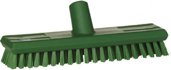 Vikan - 1" Bristle Length, Polyester Scrub Brush - 10-5/8" Long x 2-1/2" Wide Head, 11" OAL, European Threaded Handle, Green, Polypropylene Block - Exact Tooling