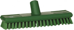 Vikan - 1" Bristle Length, Polyester Scrub Brush - 10-5/8" Long x 2-1/2" Wide Head, 11" OAL, European Threaded Handle, Green, Polypropylene Block - Exact Tooling