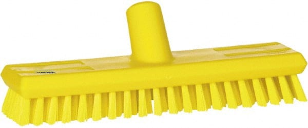 Vikan - 1" Bristle Length, Polyester Scrub Brush - 10-5/8" Long x 2-1/2" Wide Head, 11" OAL, European Threaded Handle, Yellow, Polypropylene Block - Exact Tooling