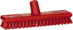 Vikan - 1" Bristle Length, Polyester Scrub Brush - 10-5/8" Long x 2-1/2" Wide Head, 11" OAL, European Threaded Handle, Red, Polypropylene Block - Exact Tooling