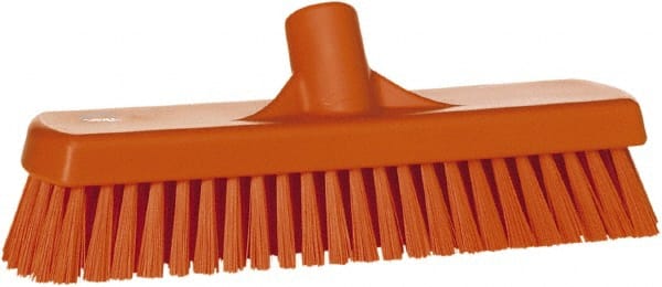 Vikan - 1.7" Bristle Length, Polyester Scrub Brush - 11-1/4" Long x 3" Wide Head, 12" OAL, European Threaded Handle, Orange, Polypropylene Block - Exact Tooling
