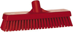 Vikan - 1.7" Bristle Length, Polyester Scrub Brush - 11-1/4" Long x 3" Wide Head, 12" OAL, European Threaded Handle, Red, Polypropylene Block - Exact Tooling
