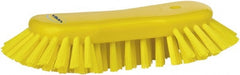 Vikan - 1.3" Bristle Length, Polyester Utility Scrub Brush - 7-3/4" Long x 3" Wide Head, 8" OAL, European Threaded Handle, Yellow, Polypropylene Block - Exact Tooling