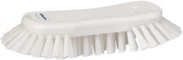 Vikan - 1.3" Bristle Length, Polyester Utility Scrub Brush - 7-3/4" Long x 3" Wide Head, 8" OAL, European Threaded Handle, White, Polypropylene Block - Exact Tooling