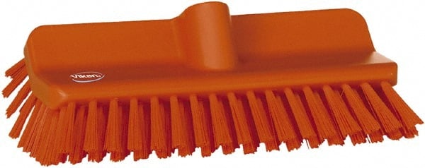 Vikan - 1-1/2" Bristle Length, Polyester Cleaning & Finishing Brush - 9-5/8" Long x 5" Wide Head, 10" OAL, European Threaded Handle, Orange, Polypropylene Block - Exact Tooling