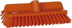 Vikan - 1-1/2" Bristle Length, Polyester Cleaning & Finishing Brush - 9-5/8" Long x 5" Wide Head, 10" OAL, European Threaded Handle, Orange, Polypropylene Block - Exact Tooling