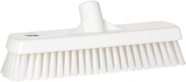 Vikan - 1.7" Bristle Length, Polyester Scrub Brush - 11-1/4" Long x 3" Wide Head, 12" OAL, European Threaded Handle, White, Polypropylene Block - Exact Tooling