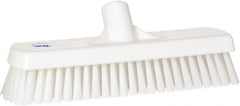 Vikan - 1.7" Bristle Length, Polyester Scrub Brush - 11-1/4" Long x 3" Wide Head, 12" OAL, European Threaded Handle, White, Polypropylene Block - Exact Tooling