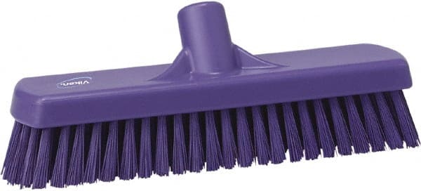 Vikan - 1.7" Bristle Length, Polyester Scrub Brush - 11-1/4" Long x 3" Wide Head, 12" OAL, European Threaded Handle, Purple, Polypropylene Block - Exact Tooling