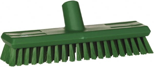 Vikan - 1.3" Bristle Length, Polyester Scrub Brush - 10-3/4" Long x 2-1/2" Wide Head, 11" OAL, European Threaded Handle, Green, Polypropylene Block - Exact Tooling